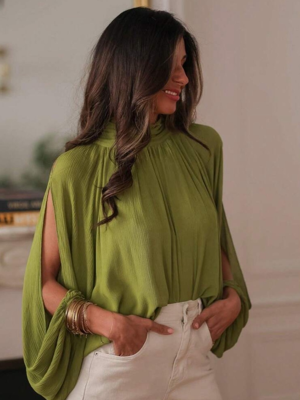 Olive Green Split-Sleeve High-Neck Women's Top